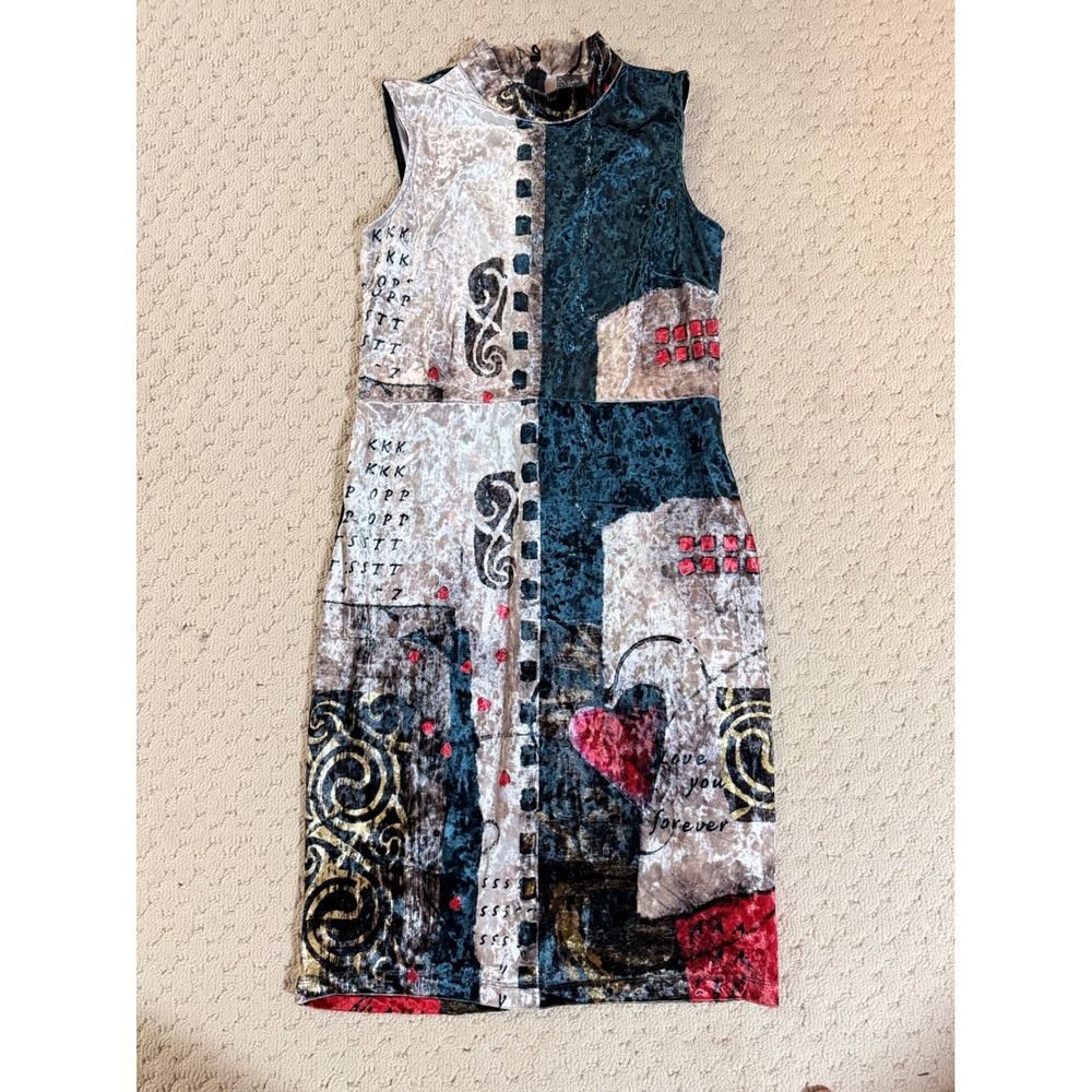 Dolcezza Wearable Art  Velvet Dress Abstract Print Midi Sleeveless Women's M